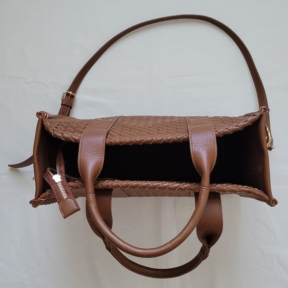 Cognac Brown Vegan Leather Woven Tote Bag & Wallet - Picture 4 of 12